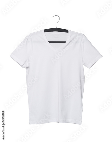 Close up of a V shape white t-shirt on cloth hanger. Isolated.