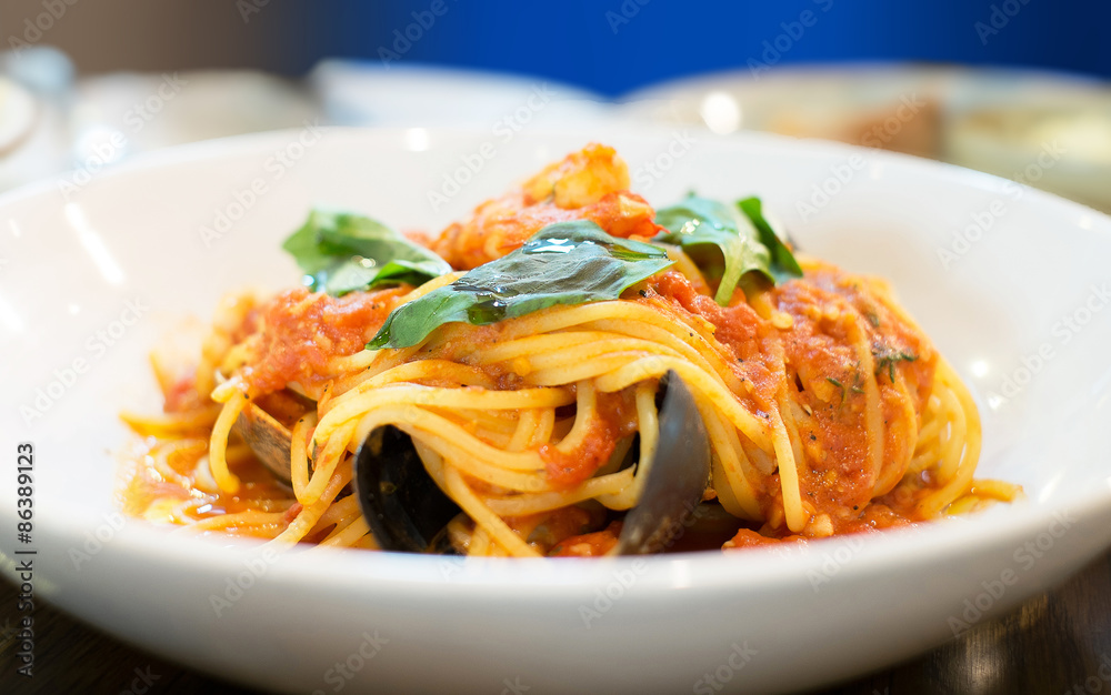 Spaghetti, Market Seafood, Vodka Tomato Sauce, selection focus point