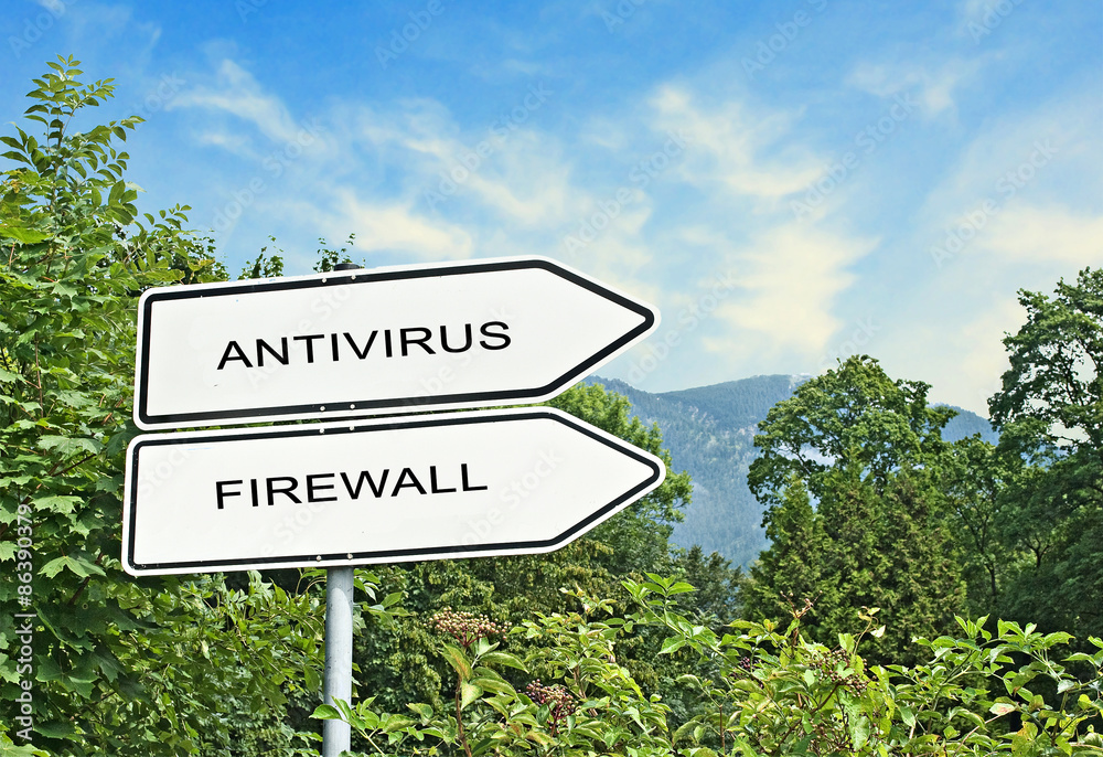 Fototapeta premium Direction road sign with words antivirus, firewal