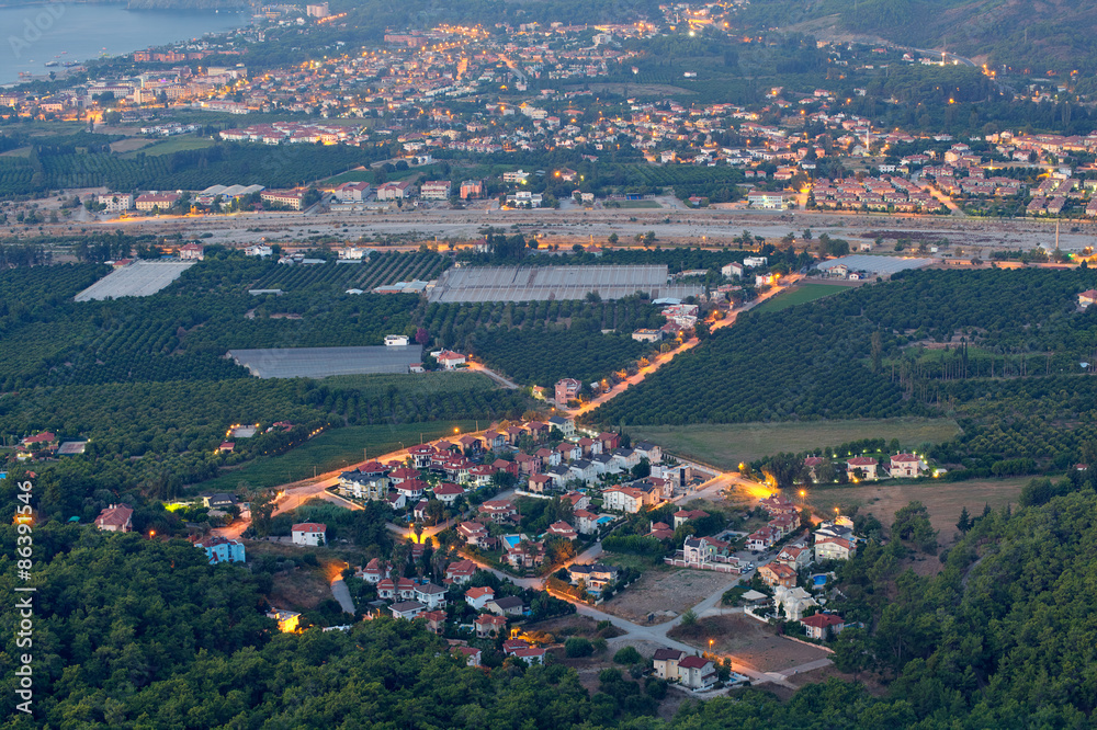 Aerial view on  small town resort  Kiris and Camyuva, night