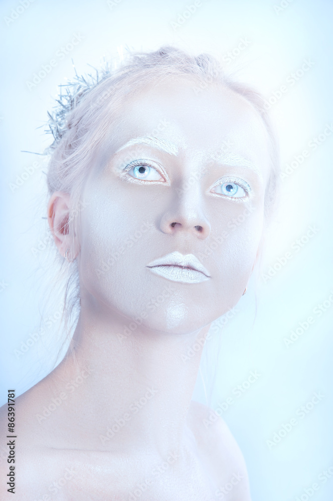 White woman with transparent eyes and white makeup White woman with transparent eyes and white makeup