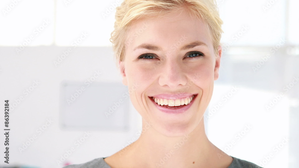Pretty blonde woman looking at camera in office Pretty blonde woman looking at camera in office