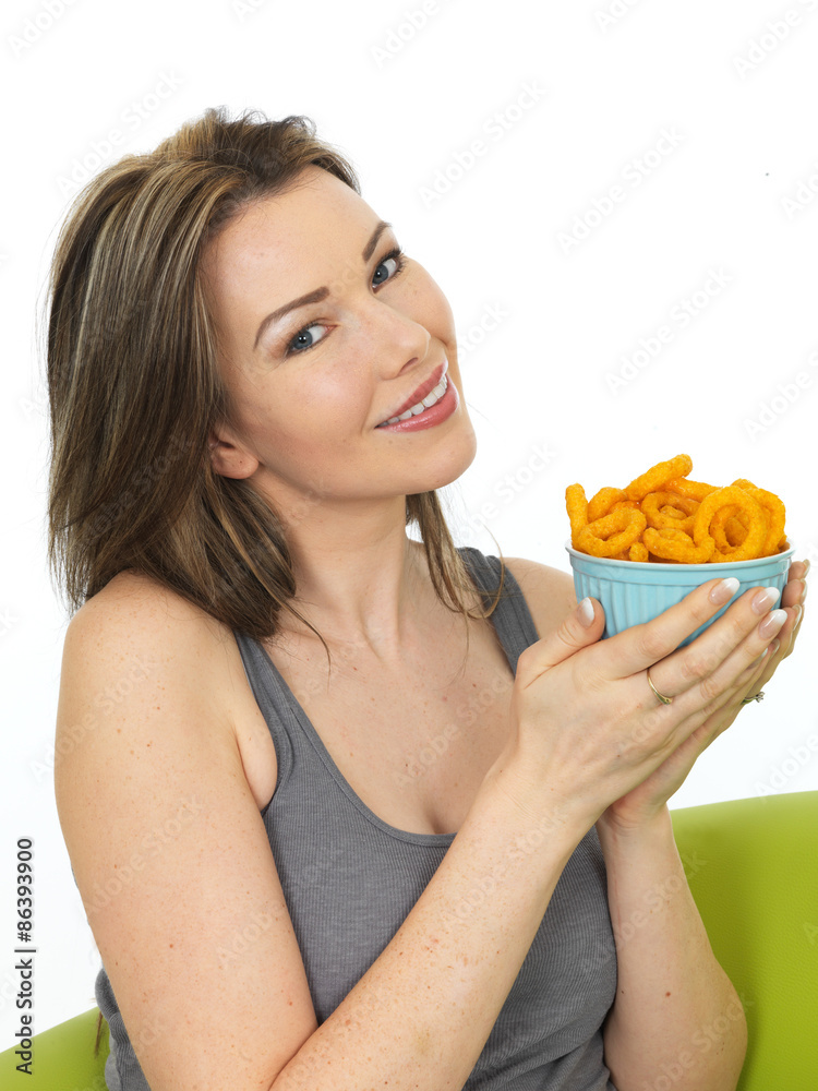 Attractive Young Woman Holding a Bowl of Onion Ring Flavoured Snacks Attractive Young Woman Holding a Bowl of Onion Ring Flavoured Snacks