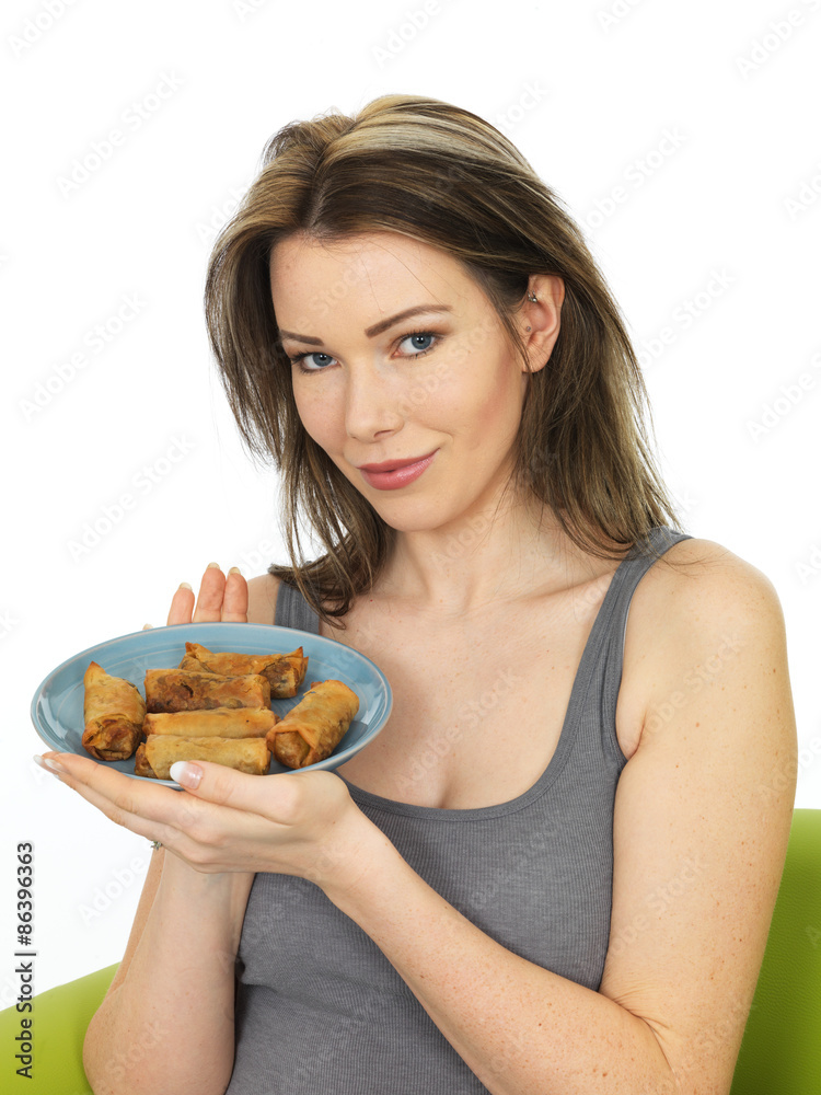 Attractive Young Woman Holding A Plate of Chinese Style Spring Rolls Attractive Young Woman Holding A Plate of Chinese Style Spring Rolls