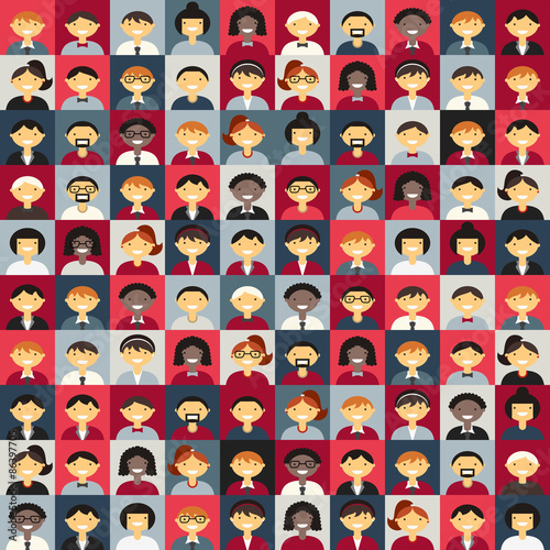 Flat Design Vector Background. Different People Character, Female, Male. Red and Gray Colors