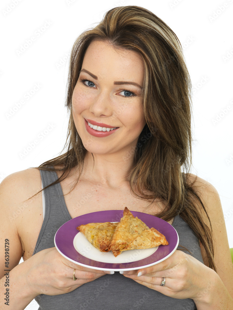 Attractive Young Happy Woman Holding a Plate of Samosa Savory Snack Attractive Young Happy Woman Holding a Plate of Samosa Savory Snack