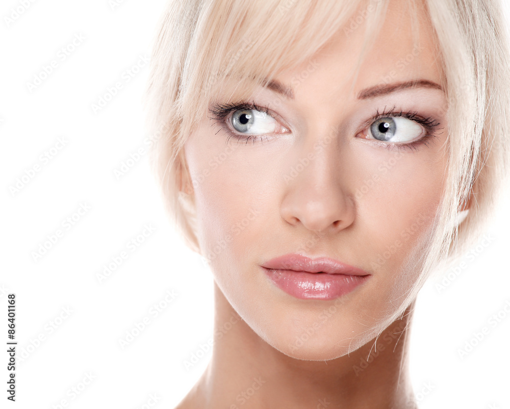 Close up portrait of beautiful young woman face. Isolated on Close up portrait of beautiful young woman face. Isolated on