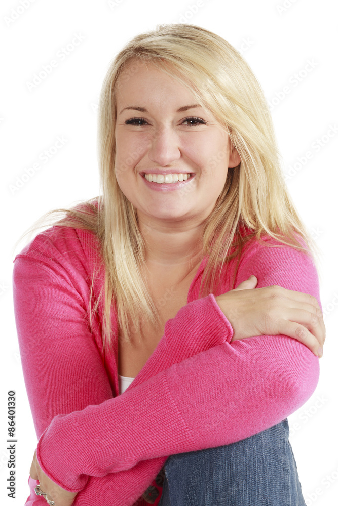 Portrait of a young pretty blonde woman on a white background. Portrait of a young pretty blonde woman on a white background.