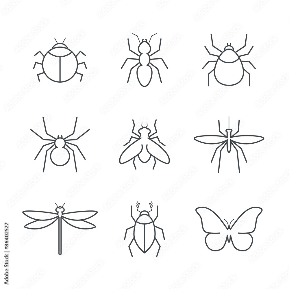 Insect simple vector icon set - bug, ant, tick, spider, fly, gnat, beetle, dragonfly and butterfly Insect simple vector icon set - bug, ant, tick, spider, fly, gnat, beetle, dragonfly and butterfly