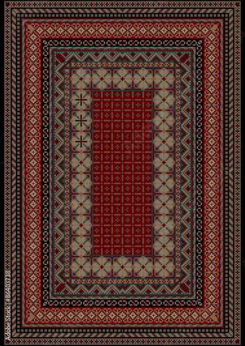 Pattern old carpet with motley ornament on the border and burgundy mid