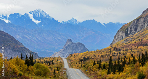 The Glenn Highway in Alaska looking west towards Lions Head and the Chugach Mountains