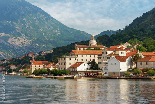 Montenegro. View of Prcanj city from the sea.
