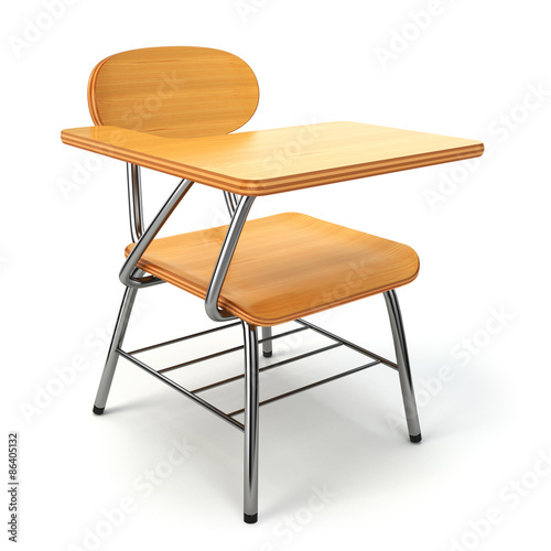 Wooden school desk and chair isolated on white.