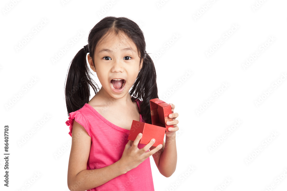Happy little asian girl surprise with red gift box Happy little asian girl surprise with red gift box