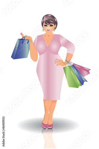 Plus size shopping woman, vector illustration