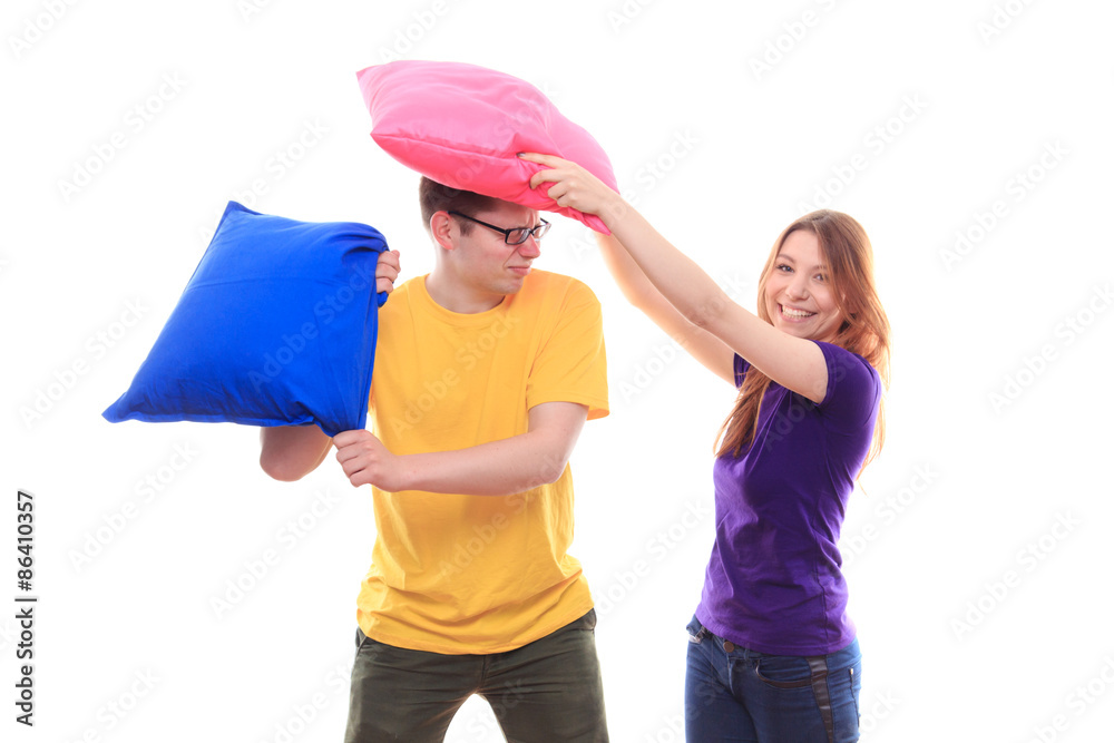 boy and girl pillow fight boy and girl pillow fight