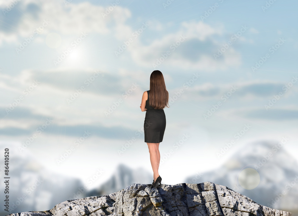 Businesswoman in dress on mountain top