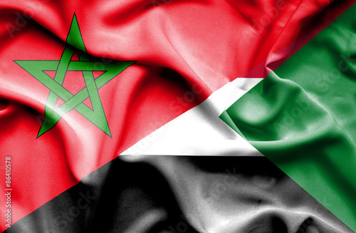Waving flag of Sudan and Morocco