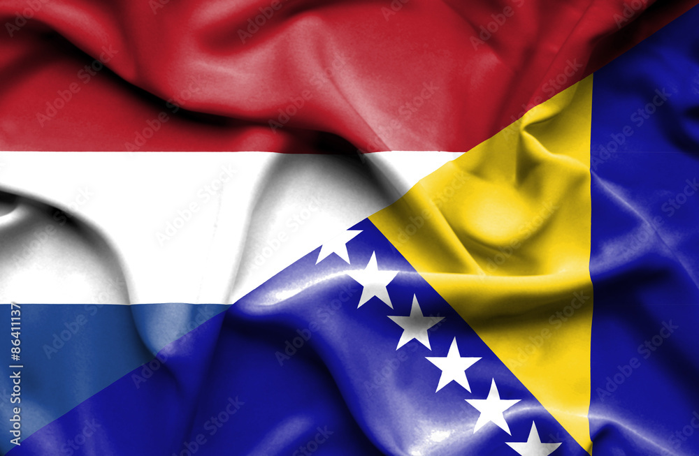 Waving flag of Bosnia and Herzegovina and Netherlands