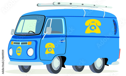 Caricatura furgoneta T2 panel servico telefono azul vista frontal y lateral
