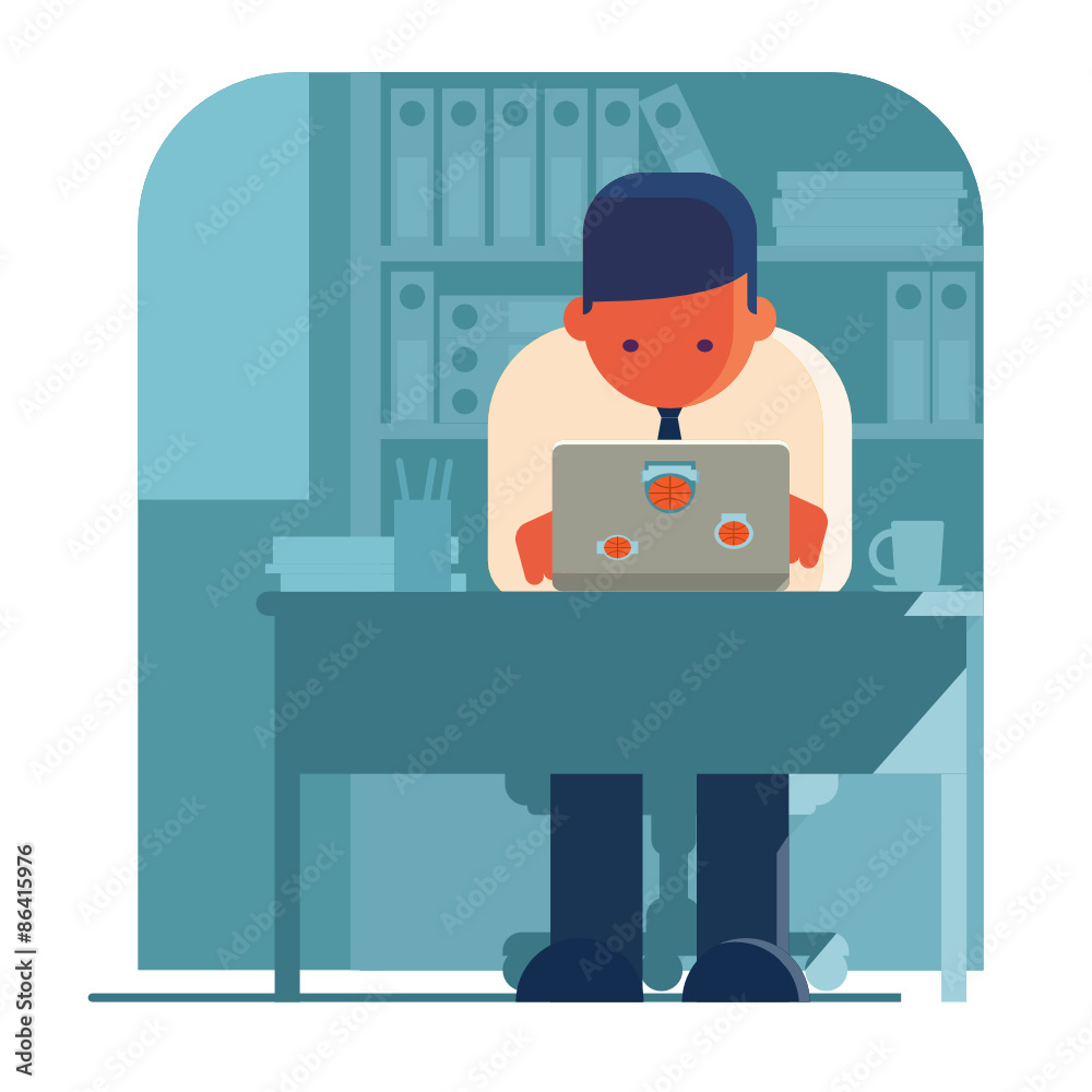 Man working on his own laptop. BYOD illustration. Bring Your Own Devices.
Man sitting in office and working on his own laptop with some sport stickers on it.