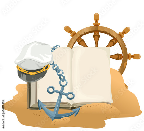 Sea Adventure. Open book, anchor, captain cap and wheel lying on sand