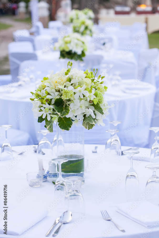 The wedding dinner table on the beach