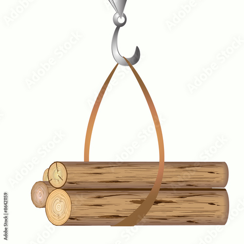 The hook from the crane lifts the logs of trees. Vector illustration