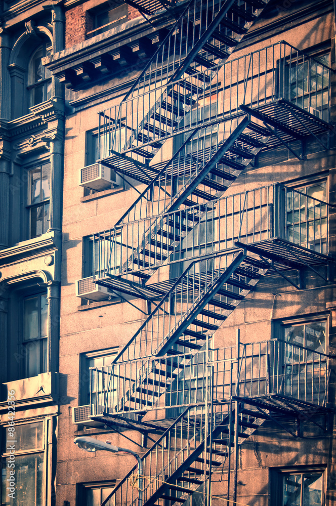 Outside metal fire escape stairs, New York City, vintage process Outside metal fire escape stairs, New York City, vintage process