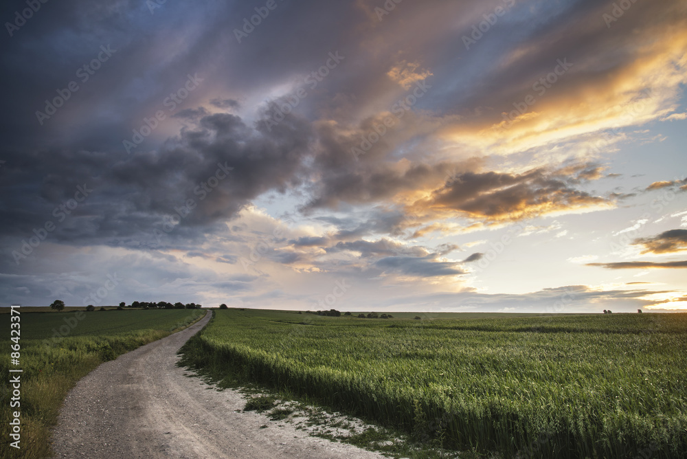 Beautiful Summer sunset landscape Steyning Bowl on South Downs Beautiful Summer sunset landscape Steyning Bowl on South Downs