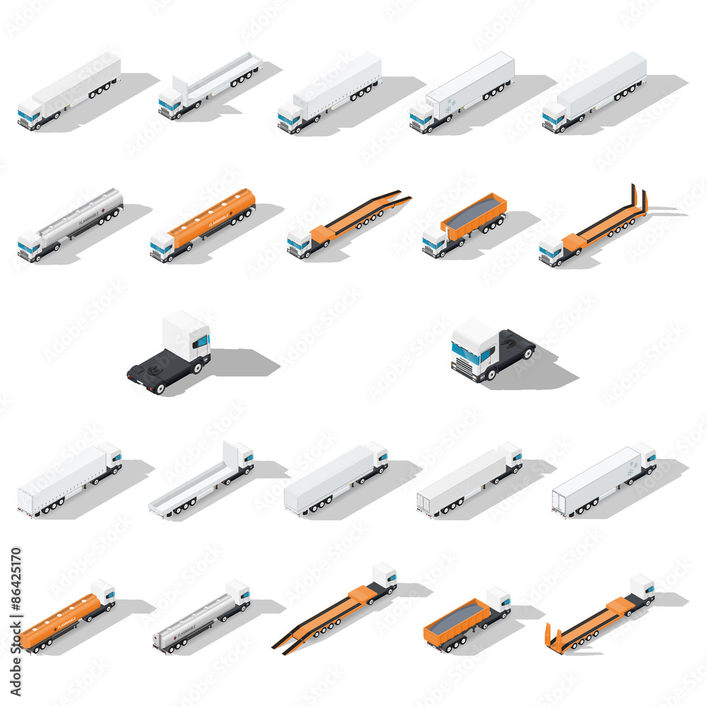 Trucks with semitrailers detailed isometric icon set, front and rear view