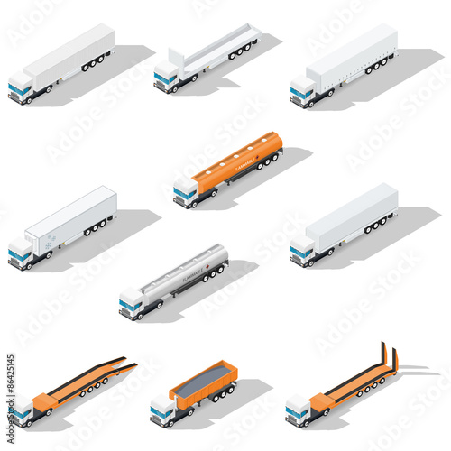 Trucks with semitrailers detailed isometric icon set, front view