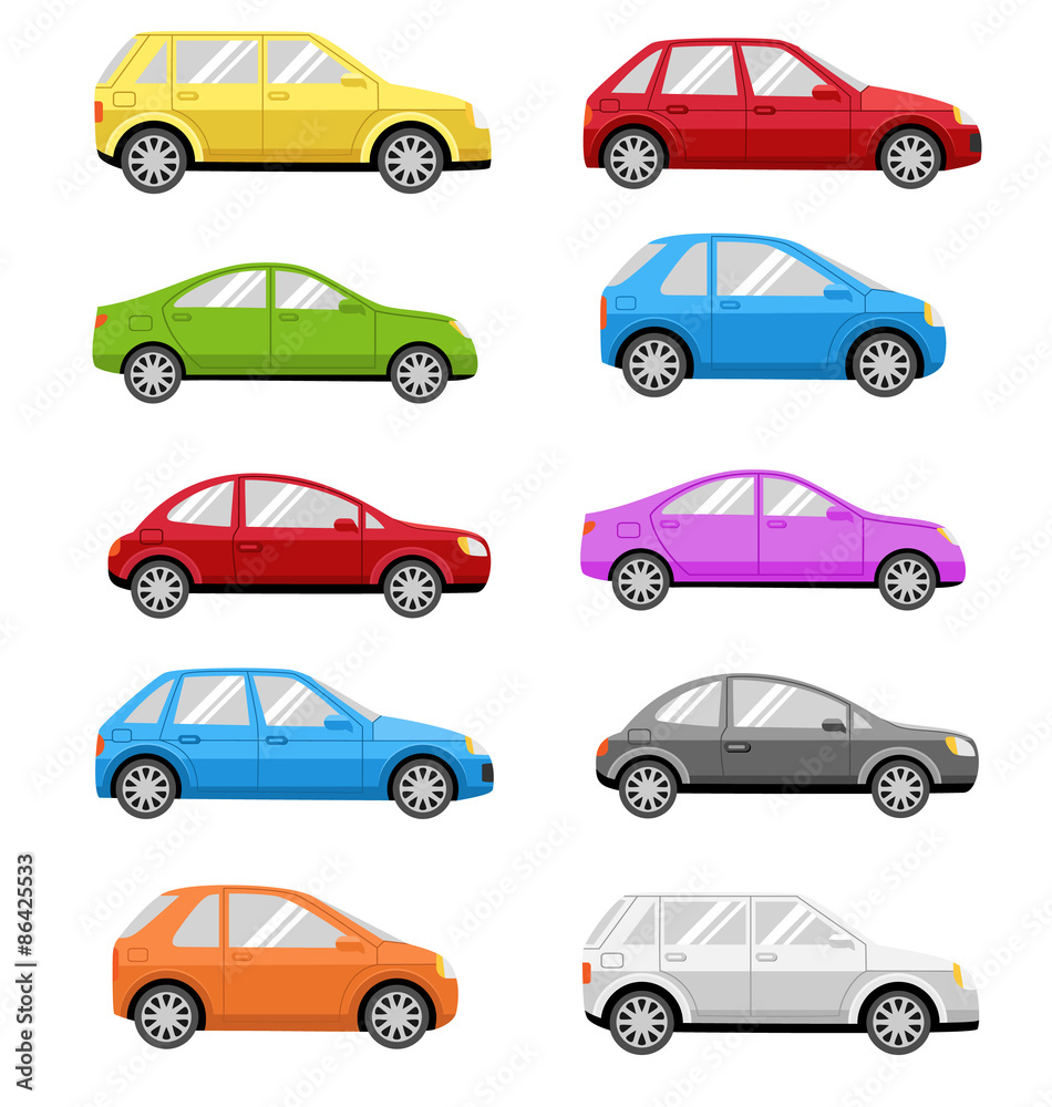 Multicolored Cars Collection Isolated on White Background