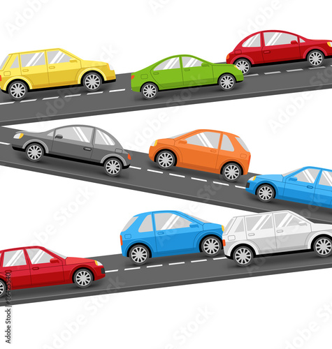 Multicolored Cars on Road. Transport Background