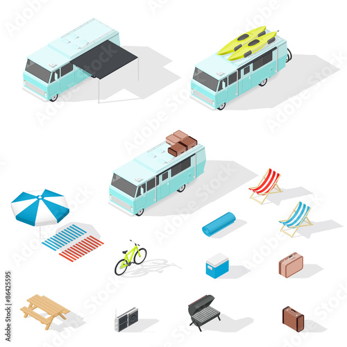 Motorhome and camping accessories isometric icons set