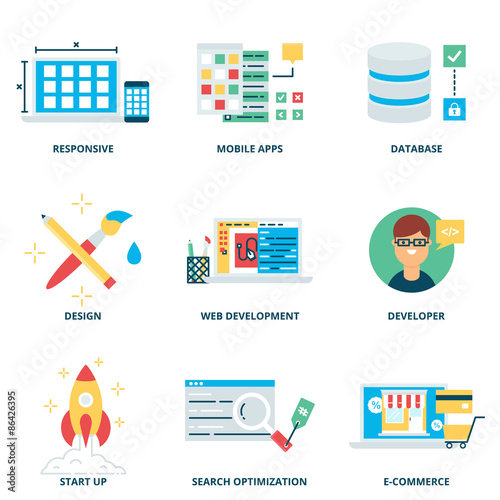 Web development and design vector icons set modern flat style