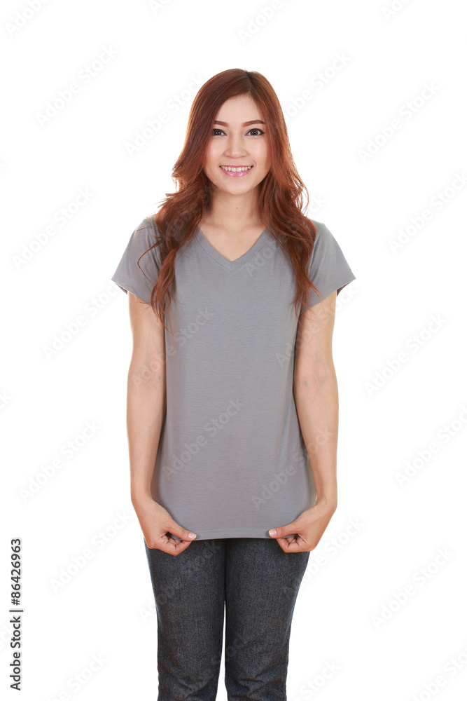 Obraz premium young beautiful female with blank t-shirt