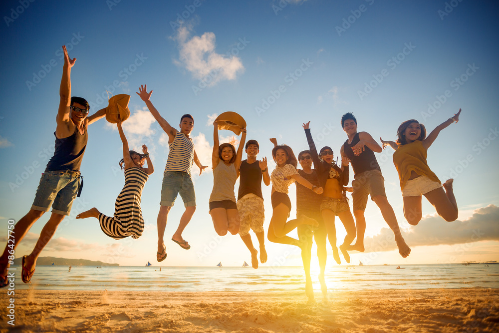 Group of young people jumping - obrazy, fototapety, plakaty 