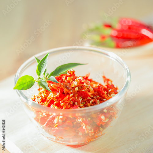 Freshred paprika slice in the bowl glass.