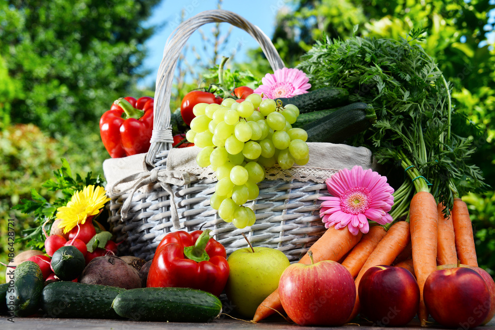 Variety of fresh organic vegetables and fruits in the garden