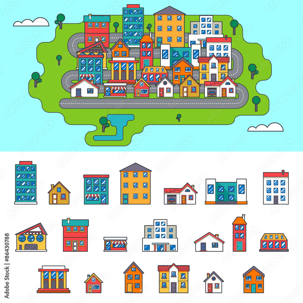 Real Estate City Building House Street Flat Icons Set Isolated