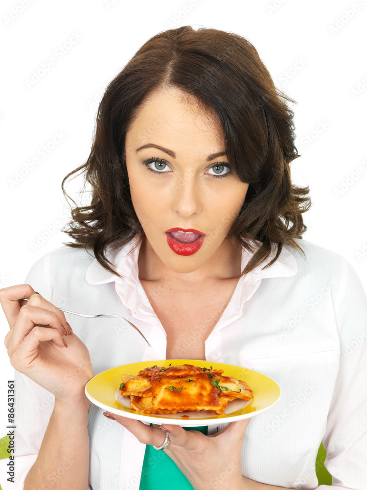 Pretty Attractive Young Woman Holding and Eating a Plate of Ravioli