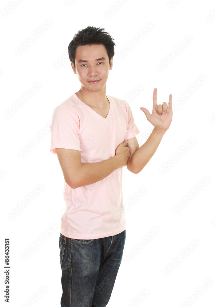 man in t-shirt with hand sign I love you