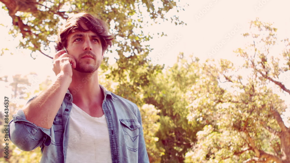 Furious hipster man having phone call in the park 
