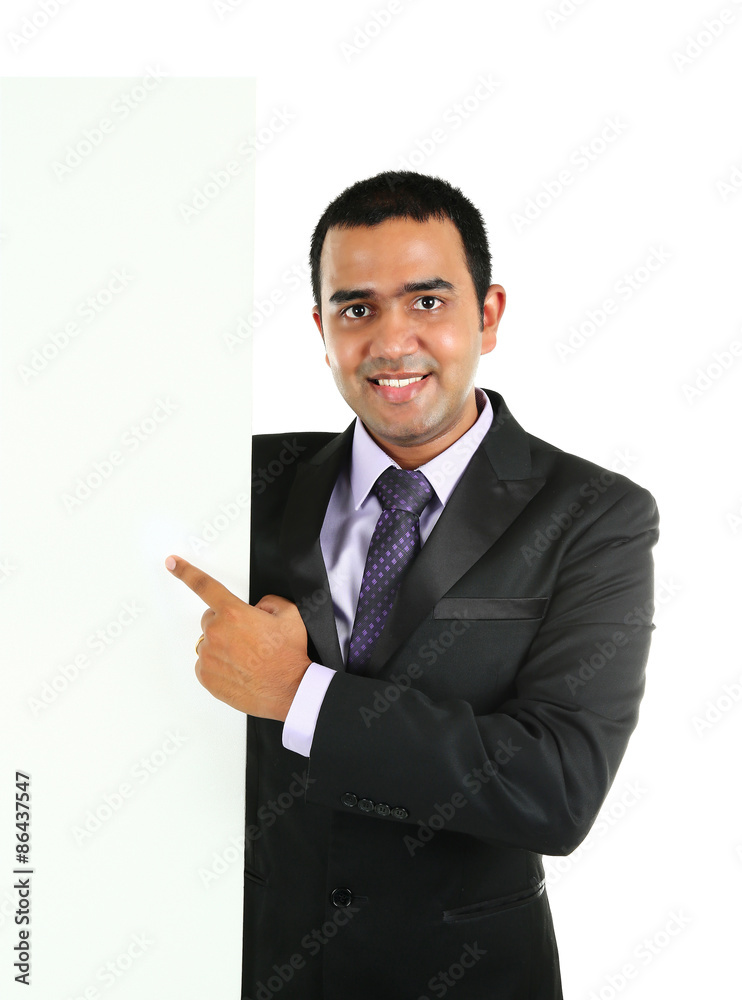 Indian Business man displaying white placard for your text. Isolated portrait on white.. Indian Business man displaying white placard for your text. Isolated portrait on white..