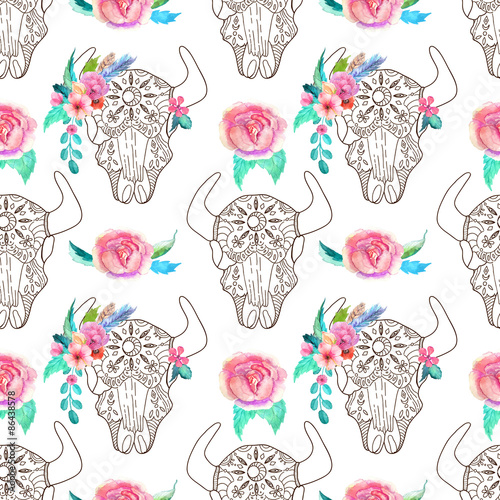 Doodle bull skull with watercolor flowers and feathers, seamless