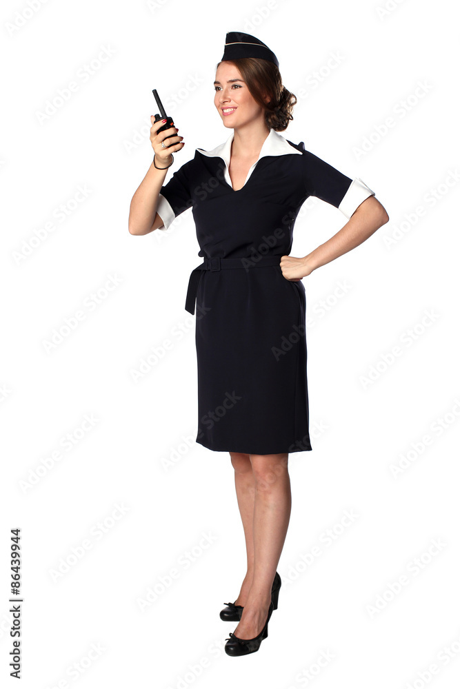 Beautiful smiling stewardess with cb radio, isolated Beautiful smiling stewardess with cb radio, isolated