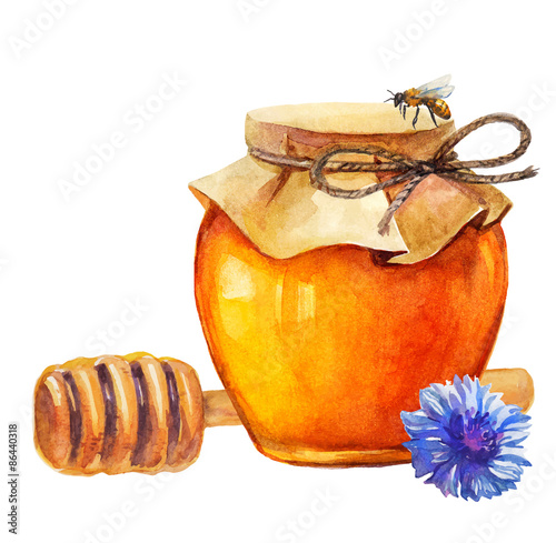 Watercolor Honey jar and honey stick