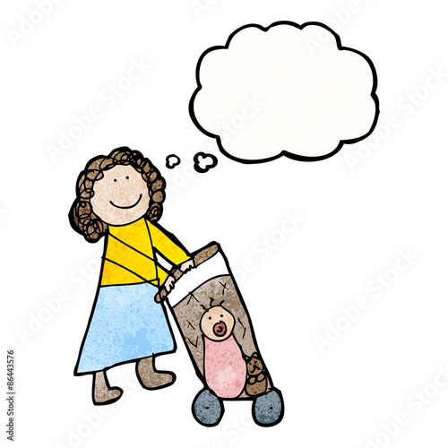 child's drawing of a mom pushing pram