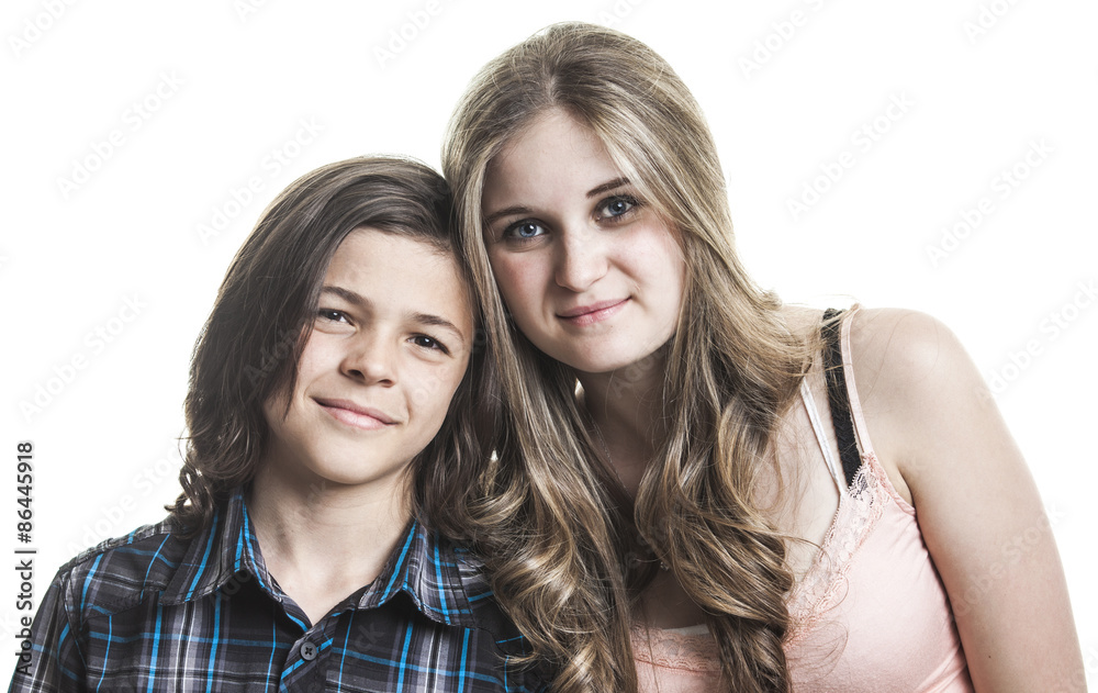portrait of girl and a smiling boy on the white background portrait of girl and a smiling boy on the white background